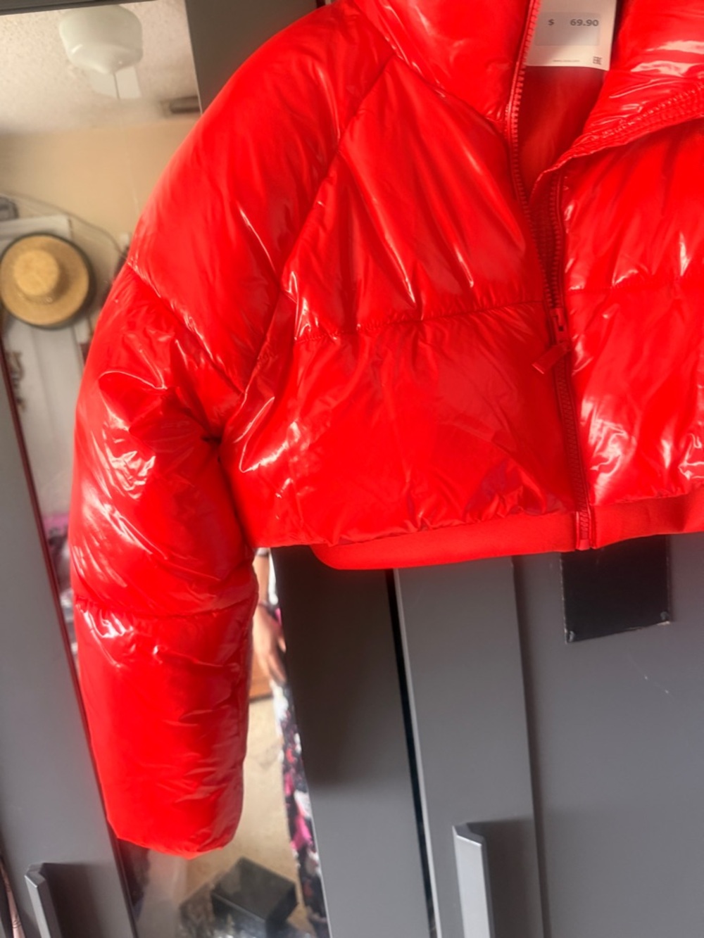 Shiny Cropped Red Puffer Jacket - Picture 6 of 7